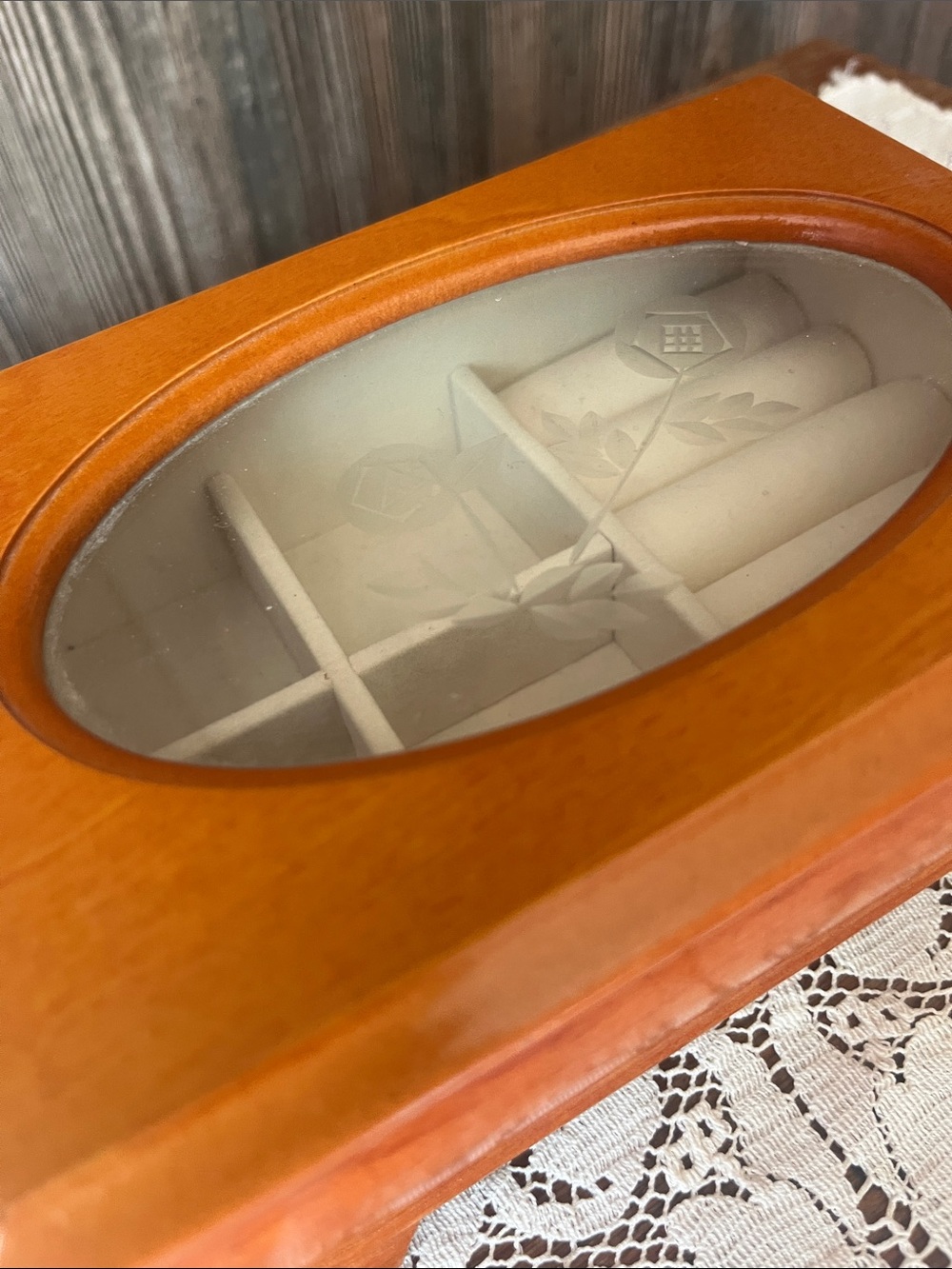 Vintage Wooden Jewelry Display Box with Glass Top - Orange Tone